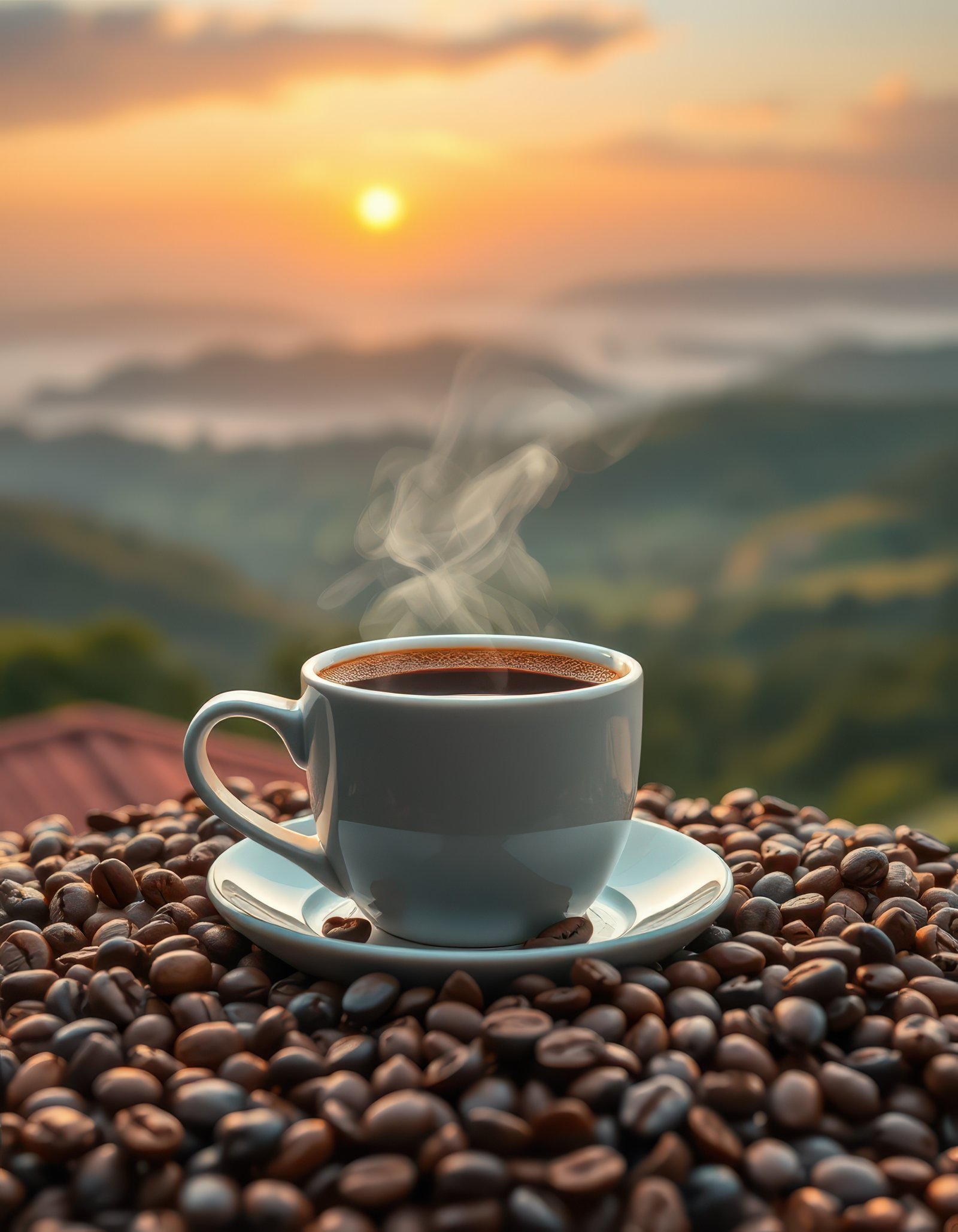 Beautiful coffee cup steaming against a stunning sunrise over a mountainous landscape